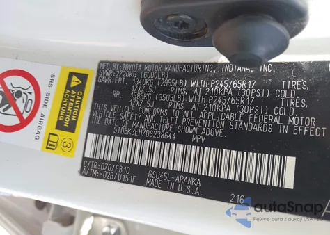 2013 Toyota Highlander Base V6 z USA, uszkodzony, nr VIN 5TDBK3EH7DS238644